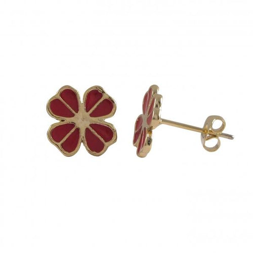 DLF Red Enamel Four Leaf Clover, Gold Tone Post Earrings W18
