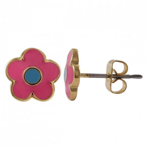 DLF Hot Pink/Turquoise Center, Flower, Gold Brass Post Earrings W18