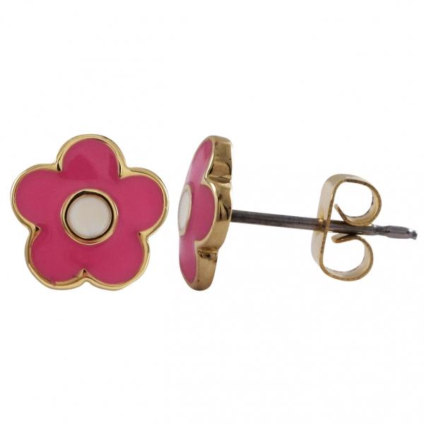 DLF Hot Pink/White Center, Flower, Gold Brass Post Earrings W18