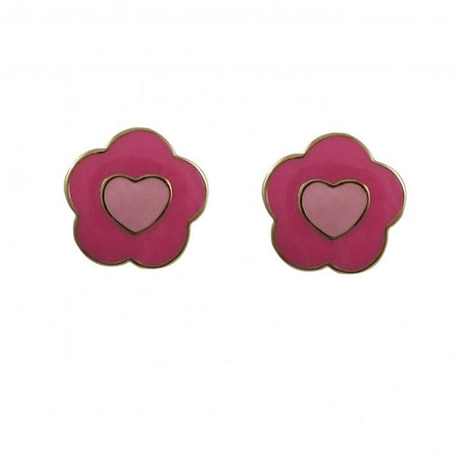 DLF Hot Pink Flower, Light Pink Heart Center, Gold Post Brass Earrings W18