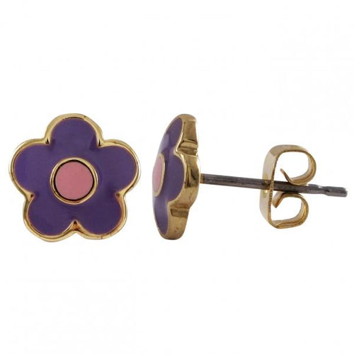 DLF Purple/Light Pink Center, Flower, Gold Brass Post Earrings W18