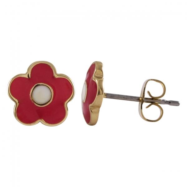 DLF Red/White Center, Flower, Gold Brass Post Earrings W18