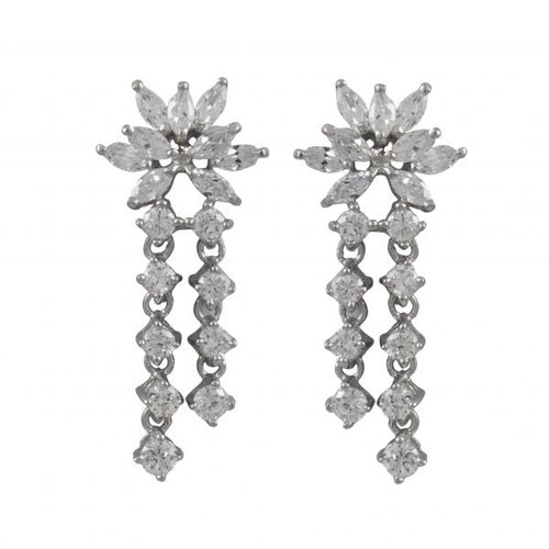 DLF Rhodium Plated Sterling Silver/White Flower With Two Row Dangling Post Earrings W18