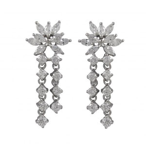 DLF Rhodium Plated Sterling Silver/White Flower With Two Row Dangling Post Earrings W18