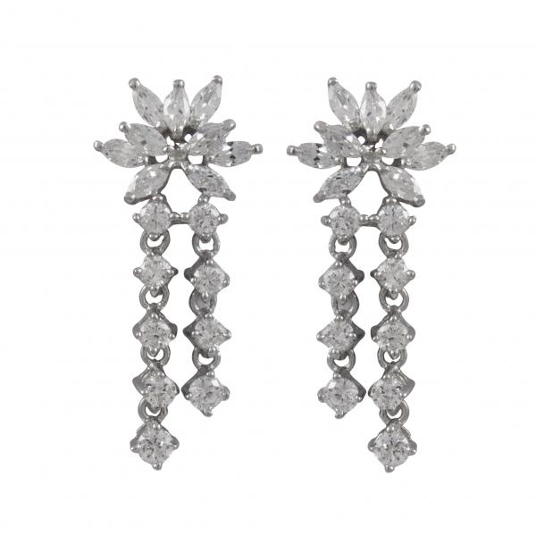 DLF Rhodium Plated Sterling Silver/White Flower With Two Row Dangling Post Earrings W18