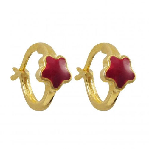 DLF Red Enamel Flower, Gold Tone Sterling Silver Baby Leverback Earrings W18