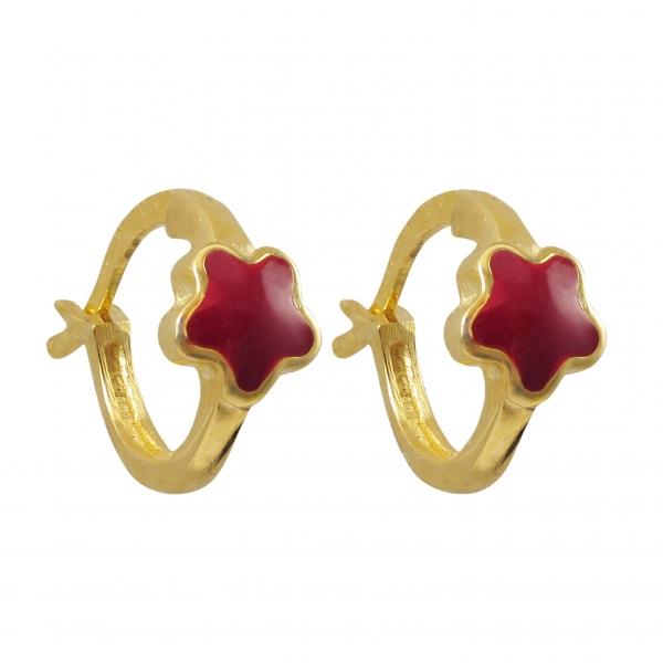DLF Red Enamel Flower, Gold Tone Sterling Silver Baby Leverback Earrings W18