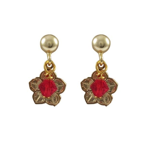 DLF Gold Filled Post Earrings With Gold Filled Flower and 4mm Red Swarovski Bead W18