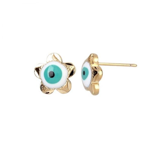 DLF Blue-White Evil Eye, Gold Flower Post Brass Earrings W18