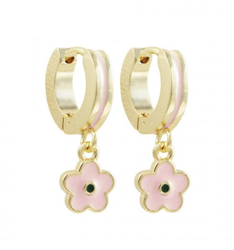 DLF Light Pink And Green Enamel Flower, Gold Plated Surgical Steel Huggie Hoop Earrings With Light Pink Enamel W17