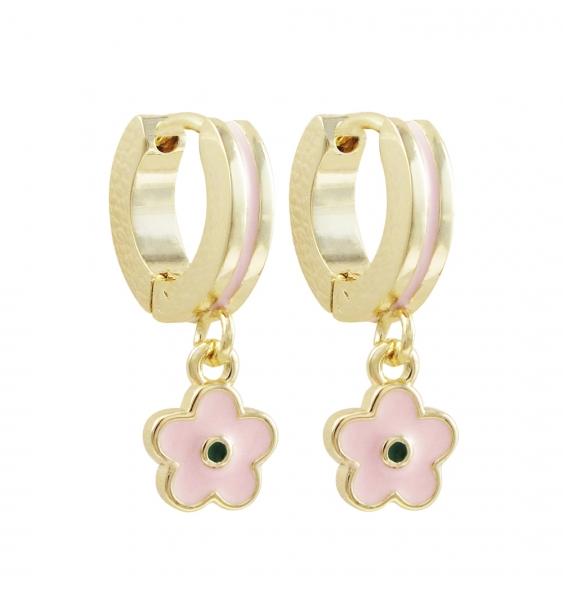 DLF Light Pink And Green Enamel Flower, Gold Plated Surgical Steel Huggie Hoop Earrings With Light Pink Enamel W17