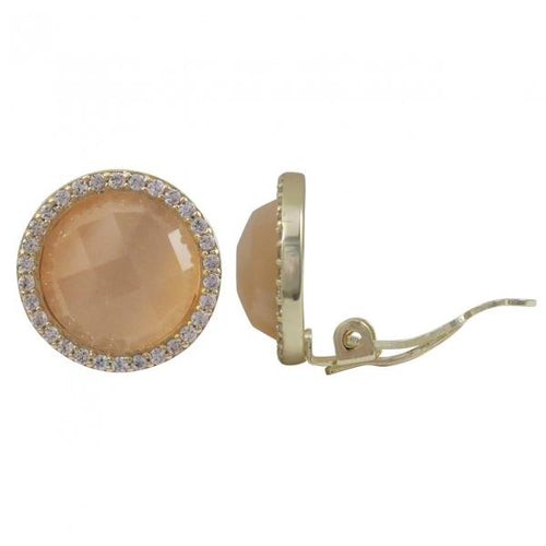 DLF Peach Cats Eye Semi Precious Faceted Stone With Border, Gold Plated Sterling Silver 15mm Round Stud Clip Gold/Peach Earrings