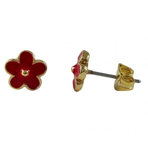 DLF Red Enamel Flower On Gold Plated Brass Post Earrings W18