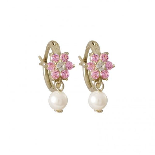 DLF Pink Flower On Gold Plated Sterling Silver Huggie Earrings, With 4mm White Pearl W18