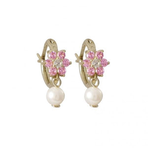 DLF Pink Flower On Gold Plated Sterling Silver Huggie Earrings, With 4mm White Pearl W18