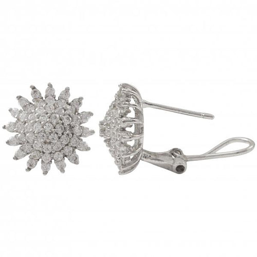 DLF Rhodium Plated Sterling Silver, 14mm Starburst Circle, Post Clip Silver/White Earrings