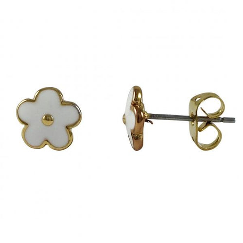 DLF White Enamel Flower On Gold Plated Brass Post Earrings W18
