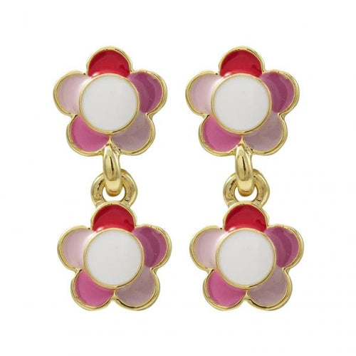DLF Pink Multi Enamel 9mm Double Flowers, Gold Plated Brass Post Earrings W18