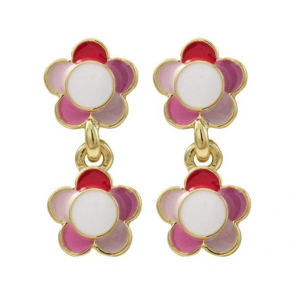 DLF Pink Multi Enamel 9mm Double Flowers, Gold Plated Brass Post Earrings W18
