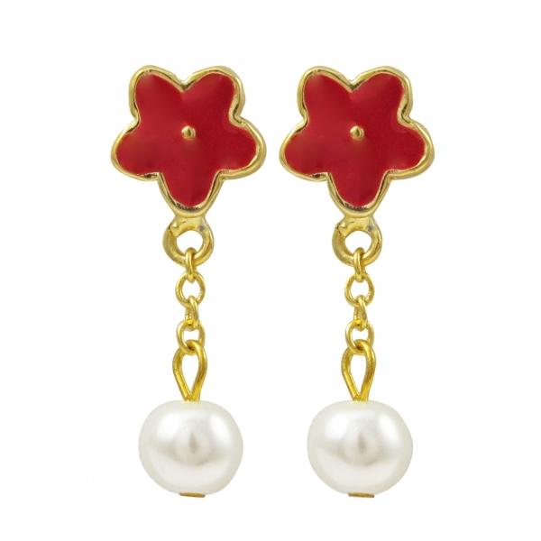 DLF Gold Plated Red Flower Earrings With White Pearl W17