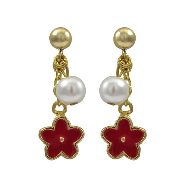 DLF Red Gold Flower Earrings With A Pearl W17