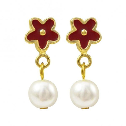 DLF SS Red/Gold Flower Earrings With Pearl W17