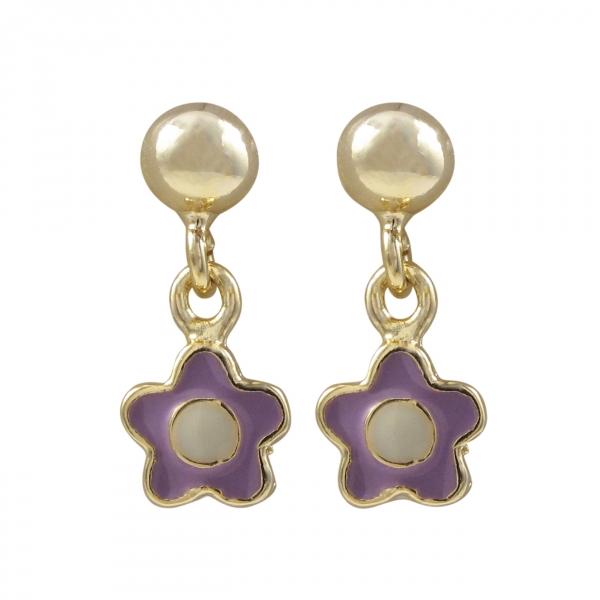 DLF Lavender And White Enamel Flower-Gold Tone Brass Earrings W17