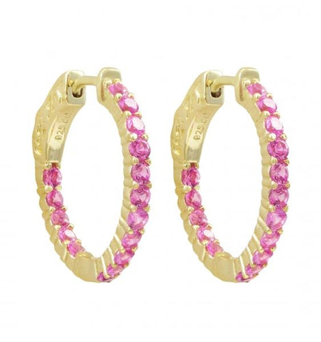 DLF Gold Plated Sterling Silver Ruby 20x20mm Hoop Gold/Pink Earrings With Hinge Closure