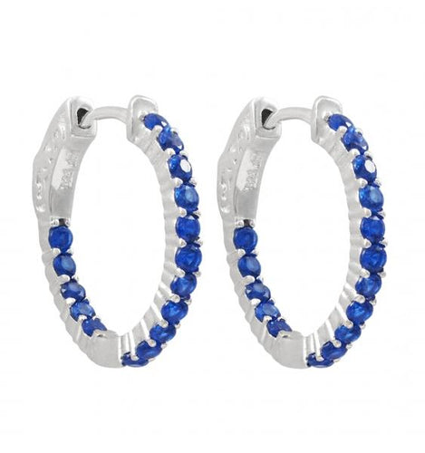 DLF Rhodium Plated Sterling Silver, Spinel Blue Stones 20x20mm Hoop Earrings With Hinge Closure