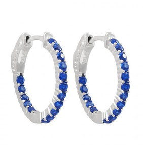 DLF Rhodium Plated Sterling Silver, Spinel Blue Stones 20x20mm Hoop Earrings With Hinge Closure