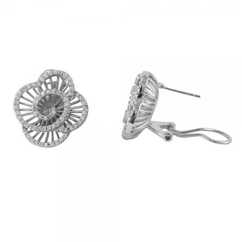 DLF Rhodium Plated Sterling Silver Flower With White Post Stud Earrings W18