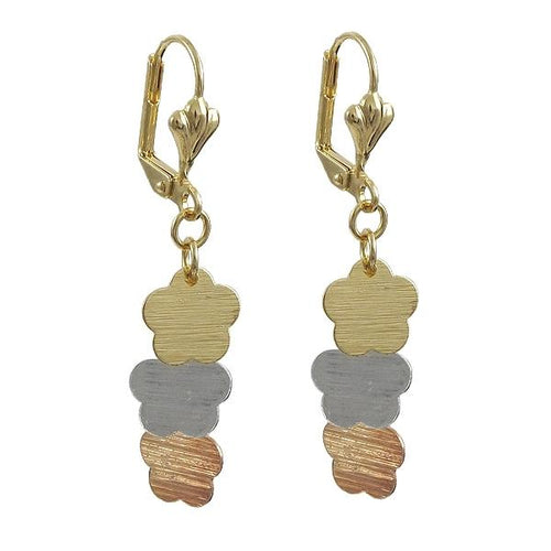 DLF Gold/Silver/Bronze Layered Tri Color Flowers Dangle Lever Back Earrings W18