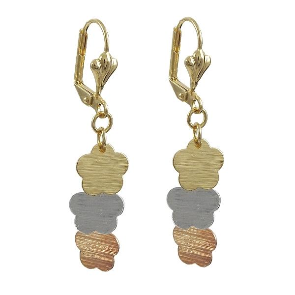 DLF Gold/Silver/Bronze Layered Tri Color Flowers Dangle Lever Back Earrings W18