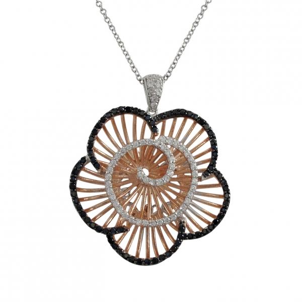 DLF Rose And Black Over Sterling Silver Flower With CZ Pendant-43m