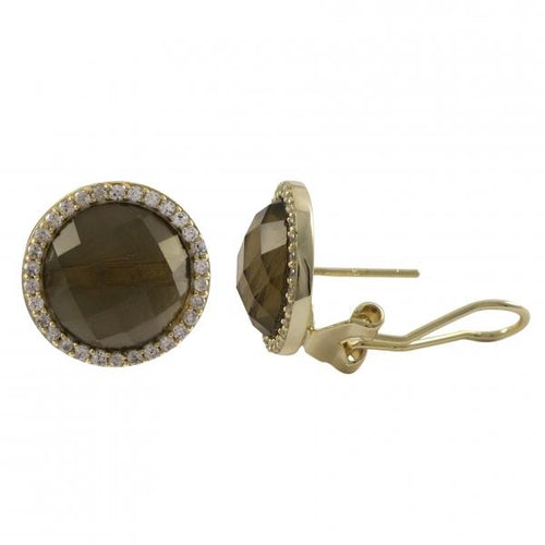 DLF Smoky Quartz Semi Precious Faceted Stone, Set In Gold Tone Sterling Silver, 15mm Round Stud Post Clip Smokey Quartz/Gold  Earrings