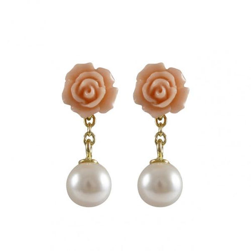 DLF Peach Rose Flower With White Pearl Dangling, Gold Plated Sterling Silver Post Earrings W18