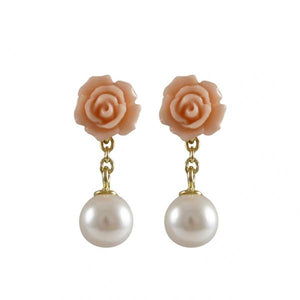 DLF Peach Rose Flower With White Pearl Dangling, Gold Plated Sterling Silver Post Earrings W18