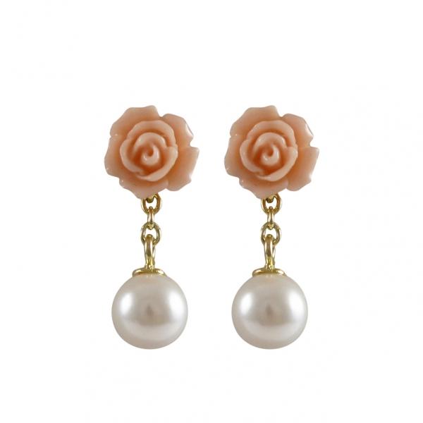 DLF Peach Rose Flower With White Pearl Dangling, Gold Plated Sterling Silver Post Earrings W18