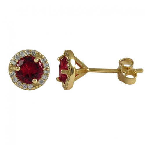 DLF Red 5mm Round With White Border, Gold Plated Sterling Silver 8mm Round Post Stud Gold/Red/White Earrings