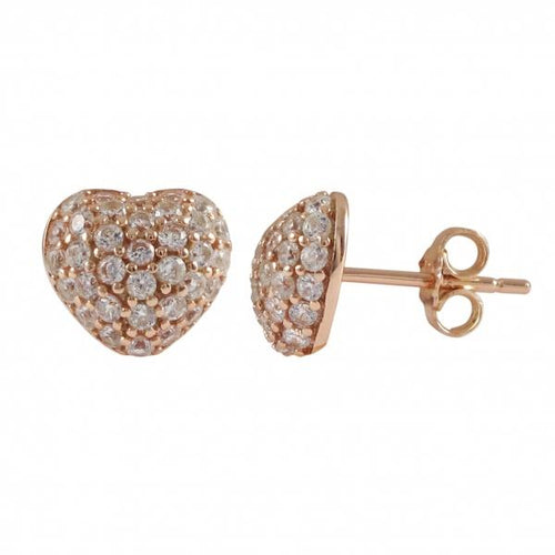 DLF Rose Plated Sterling Silver, .5mm Puffed Heart With White, Post Stud Rose Gold/White Earrings