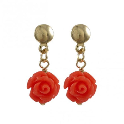 DLF Coral Rose Flower On Gold Filled Post Earrings W18