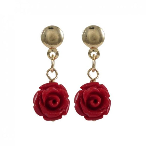DLF Red Rose Flower On Gold Filled Post Earrings W18