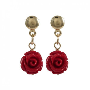 DLF Red Rose Flower On Gold Filled Post Earrings W18