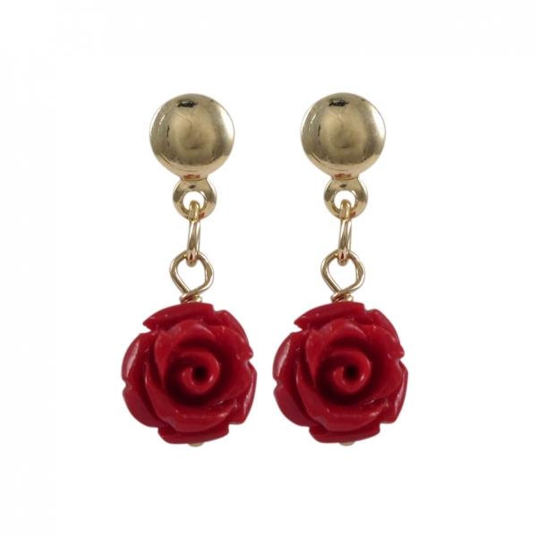 DLF Red Rose Flower On Gold Filled Post Earrings W18