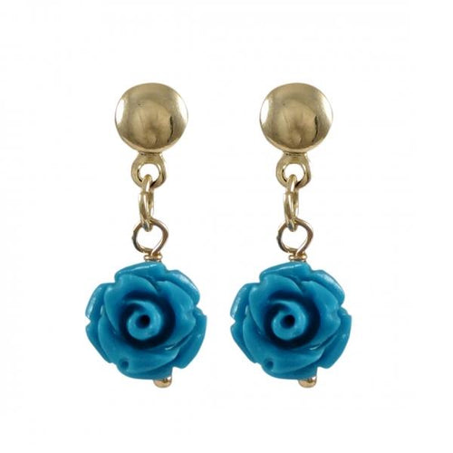DLF Turquoise Rose Flower On Gold Filled Post Earrings W18