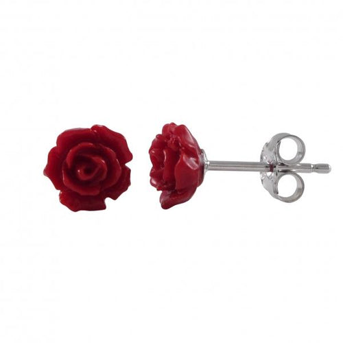 DLF Red Combo 7mm Flower On Rhodium Plated Sterling Silver Post, Stud Earrings W18