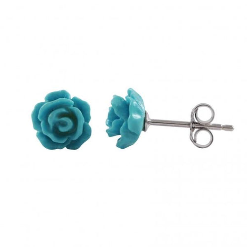 DLF Turquoise 7mm Flower On Rhodium Plated Sterling Silver Post, Stud Earrings W18