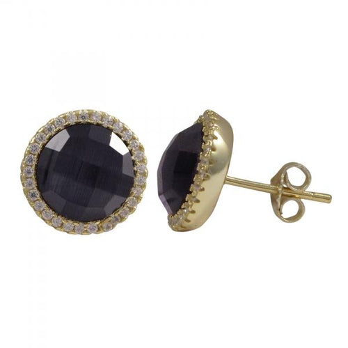 DLF Amethyst Semi Precious Faceted Stone With Border, Gold Plated Sterling Silver, 11.5mm Round Circle Post Stud Gold/Black Earrings