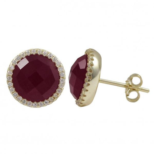 DLF Ruby Jade Semi Precious Faceted Stone With Border, Gold Plated Sterling Silver, 11.5mm Round Circle Post Stud Gold/Ruby Earrings