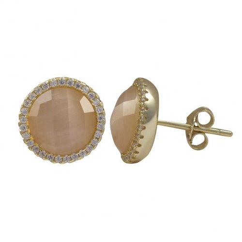 DLF Peach Cats Eye Semi Precious Faceted Stone With Border, Gold Plated Sterling Silver, 11.5mm Round Circle Post Stud Gold/Peach Earrings